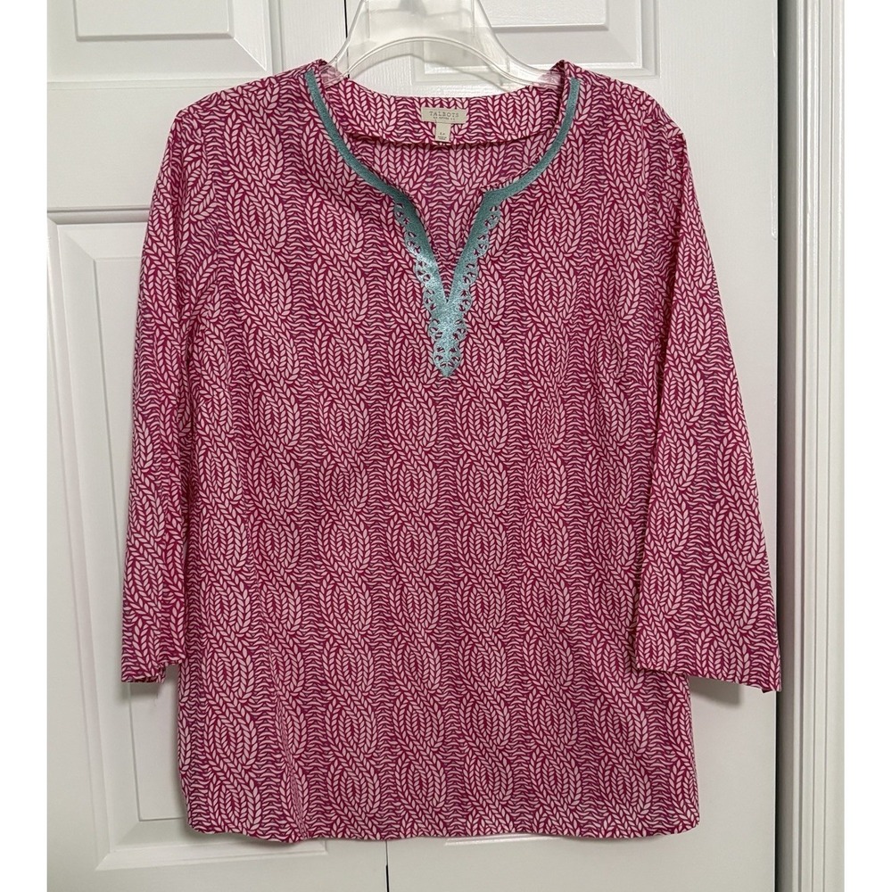 Talbots Blouse Pink Embroidered‎ Cotton Pullover Lp Large Petite Coastal Vibes